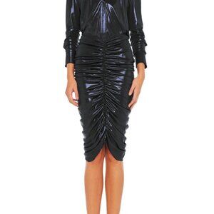 NORMA KAMALI Stretch lamé black metallic midi skirt shirred ruched skirt XS